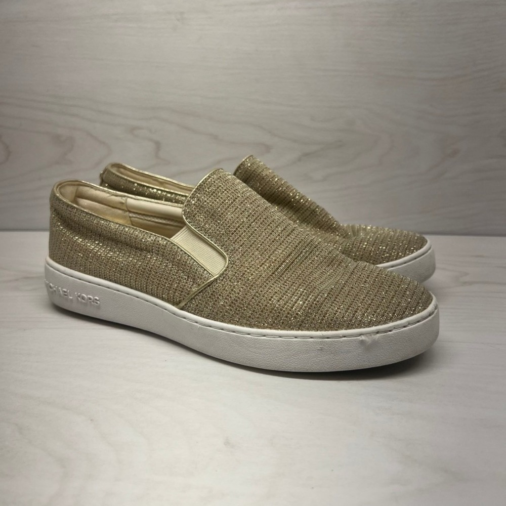 Michael‎ Kors Women 9 Slip On Sneakers Sparkle Gold Glam Luxury Fashion Shoes